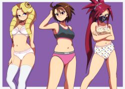  3girls angry arm_at_side arm_behind_back armpits black_mask blonde_hair blue_eyes blush bra breasts brown_eyes brown_hair capcom cleavage unworn_clothes collarbone crossed_arms delinquent drill_hair embarrassed english_text euf-dreamer eyelashes female_focus hand_on_own_thigh hand_up highres himezaki_aoi justice_gakuen kazama_akira kirishima_yurika legs light_smile lingerie long_hair mask matching_underwear medium_breasts midriff moero!_justice_gakuen mouth_mask multiple_girls navel neck panties parted_bangs ponytail print_bra print_panties purple_eyes red_hair shiny_clothes shiny_skin shiritsu_justice_gakuen short_hair sidelocks spiked_hair standing swept_bangs thighhighs thighs tsundere twin_drills underwear underwear_only very_long_hair white_bra white_panties yellow_bra 