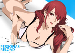  1girl atlus bed breasts cleavage hair_over_one_eye hair_over_shoulder kirijou_mitsuru large_breasts looking_at_viewer persona persona_3 persona_3_reload posing_for_the_viewer red_eyes red_hair red_lips solo tonotyama underwear  rating:Sensitive score:8 user:THETREASONER