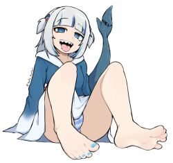  1girl bare_legs barefoot blue_eyes blue_nails dorsiflexion feet fins fish_tail gawr_gura gawr_gura_(1st_costume) highres hololive hololive_english knees_up legs looking_at_viewer multicolored_hair nail_polish panties sharp_teeth simple_background softhanten soles solo striped_clothes striped_panties sweat tail teeth toenail_polish toenails toes tongue tongue_out two-tone_hair underwear virtual_youtuber white_background 