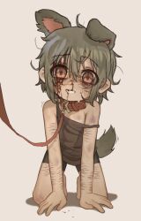  1girl ahoge all_fours animal_collar animal_ears black_shorts blood blood_on_face brown_tank_top bruise bruise_on_arm clenched_teeth collar dog_ears dog_girl dog_tail flat_chest full_body green_hair hair_between_eyes highres injury kneeling leash leash_pull loli looking_at_viewer messy_hair nosebleed original red_collar red_eyes scar scar_on_arm scar_on_leg self-harm_scar short_hair shorts sidelocks solo strap_slip sweat syrupmelty tail tank_top teeth tooth_gap white_background 