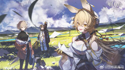  3girls animal_ears arknights arm_up black_gloves black_hair black_pantyhose black_sweater blonde_hair book breasts brown_eyes brown_hair cleavage closed_mouth coat crossed_bangs dorothy_(arknights) floating_hair gloves hair_between_eyes highres holding holding_book long_hair long_sleeves looking_at_viewer lower_teeth_only magallan_(arknights) mayer_(arknights) multicolored_coat multicolored_hair multiple_girls official_art open_mouth outdoors pantyhose shirt short_hair smile streaked_hair sweater tatatsu teeth turtleneck turtleneck_sweater two-tone_coat white_gloves white_shirt wind yellow_eyes yellow_gloves 