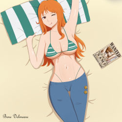  1girl :q absurdres arm_up armpits bed bed_sheet bikini bikini_under_clothes breasts cleavage closed_mouth denim eyebrows female_focus from_above green_bikini groin highleg highleg_bikini highres jeans large_breasts legs_together long_hair lowleg lowleg_pants lying mature_female multicolored_hair nami_(one_piece) nami_(one_piece)_(post-timeskip) navel nose on_back one_eye_closed one_piece orange_hair pants paper pillow poster shadow solo stomach streaked_hair striped striped_pillow swimsuit thigh_gap tongue tongue_out wanted white_bikini yellow_background  rating:Sensitive score:6 user:MataneIko