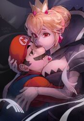 1boy 1girl @_@ bad_end black_dress blonde_hair breasts cleavage corruption crown dazed dress drooling elbow_gloves facial_hair gloves hat highres hug looking_at_viewer mario mario_(series) mini_crown mustache nintendo overalls pale_skin paper_mario paper_mario:_the_thousand_year_door possessed possession princess_peach red_eyes red_hat shadow_queen ssuregigame upper_body