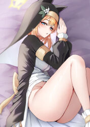  1girl absurdres animal_ears ass blue_archive blue_eyes blush bottomless breasts coif flower fluffyebi01 habit halo hat hat_flower highres long_hair long_sleeves looking_at_viewer lying mari_(blue_archive) medium_breasts nun on_bed on_side open_mouth orange_hair solo white_flower yellow_halo 