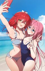  2girls ;d absurdres arm_around_shoulder arm_up armpits beach bikini blue_bikini blue_eyes blue_one-piece_swimsuit blue_sky blurry blurry_background blush bocchi_the_rock! breast_press breasts cellphone cleavage closed_mouth cloud cowboy_shot cube_hair_ornament day depth_of_field dot_nose embarrassed frilled_bikini frills furrowed_brow gotoh_hitori green_eyes hair_between_eyes hair_ornament hair_ribbon hashtag_only_commentary headal_(commi_ggb) highres holding holding_phone kita_ikuyo large_breasts long_hair looking_at_phone medium_breasts multiple_girls navel new_school_swimsuit ocean one-piece_swimsuit one_eye_closed open_mouth outdoors phone pink_hair raised_eyebrows red_hair ribbon school_swimsuit selfie shore sky smartphone smile standing sweatdrop swimsuit symmetrical_docking taking_picture v very_long_hair water wavy_mouth white_ribbon 