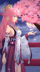  1girl absurdres aikuroalter animal_ears artist_name bare_shoulders breasts cherry_blossoms cloud cloudy_sky commentary detached_sleeves earrings falling_petals fence fox_ears from_side genshin_impact hair_between_eyes hair_ornament hakama hakama_skirt hand_up highres japanese_clothes jewelry long_hair long_sleeves looking_at_hand making-of_available moon night night_sky nontraditional_miko open_mouth outdoors petals pink_hair purple_eyes shirt sideboob signature skirt sky sleeveless sleeveless_shirt solo standing star_(sky) tree turtleneck very_long_hair white_shirt wide_sleeves wooden_fence yae_miko 