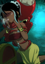 1girl atlus bandeau black_hair breasts closed_eyes dark-skinned_female dark_skin etrian_odyssey highres jewelry kneeling large_breasts legs midriff navel necklace octopus open_mouth ponytail sarong sega shilleka solo strangling sweat tentacles thighs tongue tongue_out treasure_chest tribal turn_pale underboob