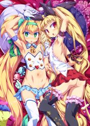  2girls arm_up armpits ass bare_back bare_shoulders bell black_legwear blazblue blonde_hair bow breasts covered_erect_nipples dimples_of_venus flat_chest food frilled_legwear frills gloves green_eyes hairband heart heart-shaped_pupils ice_cream loli long_hair low-tied_long_hair lying miniskirt multiple_girls navel no_bra no_panties off_shoulder platinum_the_trinity pleated_skirt quad_tails rachel_alucard red_eyes ribbon ribs shiny_skin skirt slit_pupils small_breasts symbol-shaped_pupils thighhighs tongue tongue_out toraishi_666 twintails two_side_up very_long_hair white_legwear  rating:Questionable score:75 user:danbooru