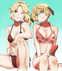  2girls bikini bikini_print black_hair blonde_hair breasts cleavage collarbone commentary fate/grand_order fate_(series) feng_cheng_(kanon91426) food food_print fruit gareth_(fate) gareth_(swimsuit_saber)_(fate) gareth_(swimsuit_saber)_(second_ascension)_(fate) green_eyes highres holding holding_food holding_popsicle large_breasts medium_breasts mordred_(fate) mordred_(fate)_(all) mordred_(swimsuit_rider)_(fate) mordred_(swimsuit_rider)_(first_ascension)_(fate) multicolored_hair multiple_girls navel official_alternate_costume one_eye_closed pink_bikini ponytail popsicle red_bikini siblings simple_background sisters sitting smile stomach strawberry_print streaked_hair swimsuit symbol-only_commentary two-tone_hair watermelon watermelon_bar 