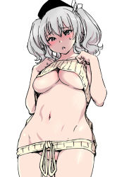 10s 1girl alternate_costume backless_dress backless_outfit bare_shoulders beret blush breasts cleft_of_venus collarbone convenient_censoring cowboy_shot dress grey_eyes groin hair_between_eyes hair_ribbon halterneck hands_up hat kantai_collection kashima_(kancolle) legs_together looking_down medium_breasts meme_attire naked_sweater navel open_mouth partially_visible_vulva pussy pussy_peek ribbed_sweater ribbon shiwasu_no_okina silver_hair simple_background sketch solo stomach sweatdrop sweater sweater_dress turtleneck turtleneck_sweater twintails virgin_killer_sweater wardrobe_error wavy_hair white_background rating:Explicit score:57 user:danbooru
