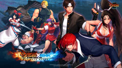  3girls 4boys ainu_clothes asamiya_athena bike_shorts black_hair blonde_hair breasts brown_hair chinese_clothes cleavage clenched_hand crossover dungeon_and_fighter facial_hair fatal_fury feet fighting_stance fingerless_gloves gloves grey_eyes hair_ribbon hand_on_own_hip haoumaru headband highres index_finger_raised japanese_clothes kusanagi_kyou large_breasts leaning_forward legs long_hair looking_at_viewer mamahaha medium_breasts multiple_boys multiple_girls mustache nakoruru official_art open_mouth pants parted_lips purple_eyes purple_hair red_eyes red_hair ribbon rugal_bernstein samurai_spirits shiranui_mai short_hair skirt smile snk sword the_king_of_fighters thighs weapon yagami_iori 
