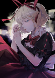  1girl black_background blonde_hair blue_eyes bow breasts capelet colored_eyelashes doll frilled_shirt frilled_shirt_collar frilled_sleeves frills half-closed_eyes medicine_melancholy nameless_hill parted_lips plumapple3 puffy_short_sleeves puffy_sleeves red_bow red_neckwear red_ribbon ribbon serious shirt short_hair short_sleeves small_breasts solo touhou wavy_hair white_capelet 