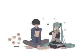  1boy 1girl :d bare_shoulders beamed_eighth_notes black_footwear black_hair black_shirt black_skirt black_sleeves blazer blue_hair blue_jacket blue_necktie boots butterfly_sitting cellphone closed_eyes collared_shirt detached_sleeves eighth_note faceless faceless_male facing_another futaba969649 grey_pants grey_shirt hand_on_own_chest hand_up hatsune_miku heart highres holding holding_paper jacket long_bangs long_hair long_sleeves miniskirt music musical_note necktie open_clothes open_jacket open_mouth pants paper phone pleated_skirt seiza shirt sidelocks simple_background singing sitting skirt sleeveless sleeveless_shirt smartphone smile thigh_boots twintails very_long_hair vocaloid white_background 