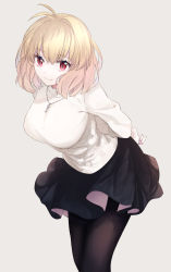  1girl :3 absurdres antenna_hair arcueid_brunestud arms_behind_back black_pantyhose black_skirt blonde_hair breasts closed_mouth feet_out_of_frame grey_background highres jewelry large_breasts leaning_forward looking_at_viewer miniskirt necklace pantyhose red_eyes short_hair simple_background skirt slit_pupils smile solo standing suzuakks sweater tsukihime tsukihime_(remake) turtleneck turtleneck_sweater white_sweater  rating:Sensitive score:18 user:danbooru