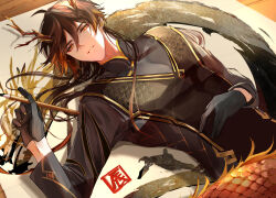 1boy ahoge between_fingers black_gloves black_shirt brown_hair changpao chinese_clothes closed_mouth commentary_request dragon dragon_horns eyeliner eyeshadow genshin_impact gloves gold_trim gradient_hair hair_between_eyes hand_on_own_stomach hands_up hanfu highres holding horns image_sample long_hair long_sleeves looking_at_viewer looking_up_at_viewer lying makeup mandarin_collar multicolored_hair ntk_jz official_alternate_costume on_back orange_eyes orange_hair pixiv_sample ponytail red_eyeliner red_eyeshadow rex_lapis_(genshin_impact) shadow shirt smile solo zhongli_(genshin_impact)