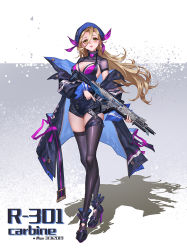 1girl apex assault_rifle baggy_clothes blue_hat boots bra breasts choker coat collarbone crossed_legs dated floating_hair full_body garter_straps green_eyes gun hair_between_eyes hair_ribbon halterneck hat heart heart_choker high-waist_shorts high_heel_boots high_heels holding holding_gun holding_weapon large_breasts light_brown_hair long_hair looking_at_viewer off_shoulder open_clothes open_coat original parted_lips purple_bra purple_footwear purple_ribbon purple_thighhighs r-301_carbine red_lips ribbon rifle shorts shrug_(clothing) sidelocks skindentation solo thigh_strap thighhighs thighs trench_coat trigger_discipline tuzhate underwear unzipped watson_cross weapon