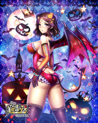 1girl argyle argyle_background argyle_clothes bare_shoulders bat_(animal) blush breasts butt_crack company_name copyright_name crown cuffs demon_girl demon_horns demon_tail demon_wings eagle_db fishnet_legwear fishnets food-themed_hair_ornament frills full_moon hair_ornament halloween handcuffs horns jack-o&#039;-lantern jack-o&#039;-lantern_hair_ornament lace lace-trimmed_legwear lace_trim legs_apart leotard looking_at_viewer looking_back medium_breasts moon no_bra official_art parted_lips petals pumpkin_hair_ornament sexy_police short_hair solo standing star_(symbol) tagme tail wings