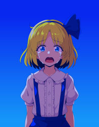 1girl absurdres alice_margatroid alice_margatroid_(pc-98) blonde_hair blue_background blue_eyes blue_hairband blue_ribbon blue_skirt buttons center_frills commentary_request crying crying_with_eyes_open eyelashes frilled_shirt frills gradient_background hairband highres looking_at_viewer open_mouth puffy_short_sleeves puffy_sleeves ribbon shirt short_hair short_sleeves skirt solo ssaf52913778 suspender_skirt suspenders tears touhou touhou_(pc-98) upper_body white_shirt 