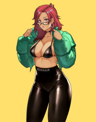  1girl alternate_costume black_bra black_choker black_pants bra breasts choker clothes_writing commentary cowboy_shot dark_skin earrings fire_emblem fire_emblem:_three_houses green_jacket hapi_(fire_emblem) hoop_earrings jacket jewelry large_breasts leggings long_hair long_sleeves looking_at_viewer meziosaur nintendo open_clothes open_jacket pants parted_lips red_eyes red_hair simple_background solo standing thighs underwear yellow_background 