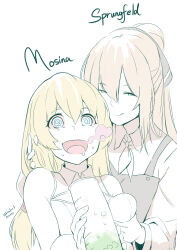 2girls @_@ apron behind_another blonde_hair blue_eyes bow breasts brown_bow bubble burp character_name closed_mouth collared_shirt commentary dated double-parted_bangs drooling english_commentary eyes_visible_through_hair fanged_bangs fingernails gas girls&#039;_frontline grabbing grabbing_another&#039;s_breast graduated_cylinder green_eyes hair_between_eyes hair_bow hair_tie hand_in_another&#039;s_hair hand_up highres holding_graduated_cylinder kion-kun light_brown_hair liquid long_bangs long_hair long_sleeves looking_at_another low-tied_long_hair mosin-nagant_(girls&#039;_frontline) mouth_drool multiple_girls neckerchief open_mouth partially_colored shirt sleeveless sleeveless_shirt smile springfield_(girls&#039;_frontline) sweat twitter_username typo upper_body white_background 