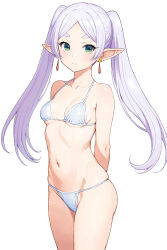  1girl absurdres arms_behind_back bra breasts closed_mouth cowboy_shot earrings frieren frown green_eyes grey_hair groin halterneck highres jewelry light_blush long_hair looking_at_viewer navel panties pointy_ears raiden_(kdsn3783) simple_background skindentation small_breasts solo sousou_no_frieren standing string_bra string_panties swept_bangs twintails underwear underwear_only white_background 