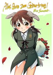  1girl animal_ears arms_behind_back bad_id bad_pixiv_id blush bouquet brown_eyes brown_hair dog_ears female_focus flower german_text gertrud_barkhorn gradient_background happy_birthday leaning_forward long_hair looking_at_viewer military military_uniform niina_ryou panties petals ribbon smile solo sonozaki_mie speech_bubble standing strike_witches tail text_focus translated underwear uniform world_witches_series 