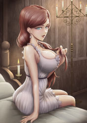 1girl absurdres ass bare_shoulders blue_eyes breasts cleavage female_focus fingernails highres hilda_boreas_greyrat large_breasts long_fingernails long_hair looking_at_viewer mature_female mushoku_tensei red_hair sitting solo rating:Questionable score:269 user:DoctorWasabi