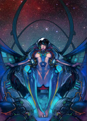  1girl barefoot between_thighs blue_eyes bodysuit breasts cockpit face feet from_below green_hair highres lips looking_at_viewer open_clothes sitting sky solo space star_(sky) starry_sky thighs toes underboob xiao_qiang_(1985) 