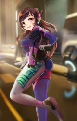  1girl anemone bad_anatomy bodysuit brown_hair d.va_(overwatch) facial_mark female_focus gun headphones holding holding_weapon long_hair looking_at_viewer open_mouth overwatch overwatch_1 pink_eyes smile solo weapon 