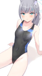  1girl animal_ear_fluff animal_ears black_one-piece_swimsuit blue_archive blue_eyes breasts competition_swimsuit covered_navel cross_hair_ornament extra_ears grey_hair hair_ornament halo highleg highleg_swimsuit highres looking_at_viewer low_ponytail medium_breasts medium_hair mismatched_pupils multicolored_clothes multicolored_swimsuit official_alternate_costume one-piece_swimsuit ray_726 shiroko_(blue_archive) shiroko_(swimsuit)_(blue_archive) simple_background sitting solo swimsuit white_background wolf_ears 