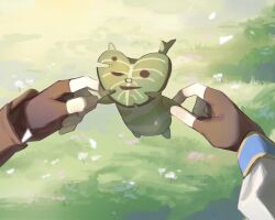  1boy 1girl 1other brown_gloves commentary day fingerless_gloves gloves grass highres holding_hands korok link nintendo other_focus outdoors princess_zelda the_legend_of_zelda the_legend_of_zelda:_tears_of_the_kingdom yumiyumo3o 