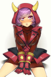  10s 1girl blush breasts courtney_(pokemon) courtney_(pokemon_oras) covered_erect_nipples creatures_(company) fake_horns female_focus game_freak gloves highres hood hoodie horned_headwear horns large_breasts looking_at_viewer nintendo parted_lips pokemon pokemon_oras purple_eyes purple_hair rakkou ribbed_sweater short_hair sitting solo sweater team_magma uniform white_background  rating:Sensitive score:84 user:danbooru