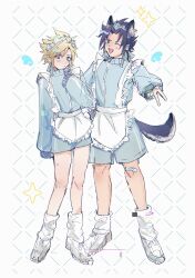  2boys alternate_costume animal_ears apron arm_up bandaid bandaid_on_leg black_hair blonde_hair blue_eyes blue_jacket blue_shorts blush bright_pupils cloud_strife crossdressing dog_boy dog_ears dog_tail embarrassed final_fantasy final_fantasy_vii frilled_apron frills full_body hand_up highres jacket kemonomimi_mode looking_at_viewer maid maid_day maid_headdress male_focus multiple_boys nunui0618 one_eye_closed open_mouth parted_bangs shoes short_hair shorts smile sneakers socks sparkle spiked_hair tail track_jacket v very_long_sleeves white_apron white_footwear white_socks zack_fair 