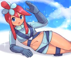  1girl :d blue_eyes blush breasts commentary_request creatures_(company) eyelashes game_freak gloves hair_ornament happy highres jacket kutabireta_neko looking_at_viewer medium_breasts midriff navel nintendo one_side_up open_mouth pokemon pokemon_bw pouch reclining red_hair short_shorts shorts sidelocks skyla_(pokemon) smile solo sparkle thigh_pouch 