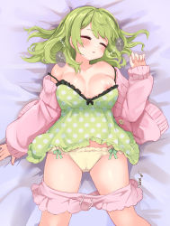 1girl bed blush bow breasts clothes_pull collarbone female_focus festa11307070 frilled_shorts frills from_above green_hair green_shorts hood hoodie jacket large_breasts long_hair long_sleeves lying morinaka_kazaki nijisanji nipple_slip nipples on_back panties pants pants_pull pink_hoodie short_shorts shorts sleep_molestation sleeping sleeves_past_wrists solo translation_request underwear virtual_youtuber zzz rating:Questionable score:82 user:danbooru