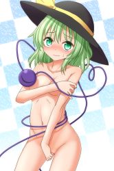 1girl black_hat blue_background blush bow breasts checkered_background collarbone commentary_request convenient_censoring covering_breasts covering_crotch covering_privates cowboy_shot embarrassed gluteal_fold green_eyes green_hair hat hat_bow heart heart_of_string highres komeiji_koishi looking_at_viewer medium_breasts medium_hair navel nose_blush nude solo standing stomach teoi_(good_chaos) thighs third_eye touhou white_background yellow_bow rating:Questionable score:20 user:danbooru