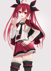 1girl ???_(sdg19881022) ahoge belt black_footwear black_necktie black_ribbon blush boots breast_pocket candy date_a_live food hair_ribbon highres itsuka_kotori lollipop looking_at_viewer necktie parted_lips pocket red_eyes red_hair ribbon smile solo thigh_boots thighhighs tie_clip twintails rating:Sensitive score:7 user:danbooru