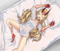  1girl arm_tattoo blonde_hair blouse closed_eyes fangs fate/grand_order fate_(series) female_focus fingernails highres horns ibaraki_douji_(fate) kurokage leg_tattoo long_fingernails long_toenails neck_tattoo no_panties on_bed open_mouth pointy_ears sharp_fingernails shirt shoulder_tattoo sleeping solo spread_legs tattoo teeth toenails upper_teeth_only white_shirt  rating:Questionable score:14 user:Ryoshi