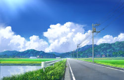 blue_sky cloud day field grass green_house guard_rail hill house no_humans original outdoors pavement pei_(sumurai) pond power_lines road rural scenery sky street sunlight tree utility_pole vanishing_point water rating:General score:12 user:danbooru