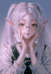  1girl artist_name dress earrings elf fingernails frieren glasses gradient_background green_eyes hand_on_own_face highres jewelry lips long_hair looking_at_viewer nail_polish nixeu nose parted_bangs parted_lips patreon_username pointy_ears signature solo sousou_no_frieren twintails upper_body watermark web_address white_hair 
