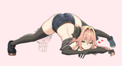 2boys arm_rest ass astolfo_(fate) black_gloves black_legwear blue_shorts blush bow braid braided_ponytail chibi child crop_top denim denim_shorts elbow_gloves fate/apocrypha fate_(series) flexible fujimaru_ritsuka_(male) gloves hair_bow hair_intakes heart heart-shaped_pupils highres jack-o&#039;_challenge long_hair looking_at_viewer meme multicolored_hair multiple_boys pink_background pink_hair purple_eyes riyo_(lyomsnpmp)_(style) short_shorts shorts simple_background sky-freedom smile spread_legs streaked_hair symbol-shaped_pupils thighhighs top-down_bottom-up trap white_hair wide_spread_legs rating:Questionable score:372 user:danbooru