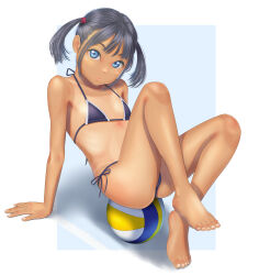  1girl arm_support ball barefoot beach_volleyball bikini blue_bikini blue_eyes commentary_request flat_chest full_body grey_hair highres looking_at_viewer original short_twintails side-tie_bikini_bottom sitting_on_ball solo swimsuit tan tanline toes twintails uzuki_mei volleyball_(object) 