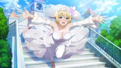  1girl bare_shoulders blonde_hair blue_eyes breasts cleavage detached_sleeves dress jewelry large_breasts looking_at_viewer necklace official_art orsola_aquinas smile toaru_majutsu_no_index wedding_dress  rating:Sensitive score:42 user:YuukoLover