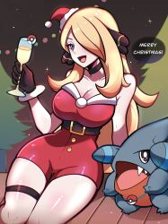  1girl :d alcohol bare_shoulders belt black_belt black_gloves blonde_hair breasts champagne christmas christmas_lights christmas_tree cleavage collarbone creatures_(company) cup cynthia_(pokemon) drinking_glass english_text fur-trimmed_gloves fur_trim game_freak gen_4_pokemon gible gloves grey_eyes hair_ornament hair_over_one_eye hat highres holding holding_cup large_breasts leotard long_hair merry_christmas nintendo open_mouth poke_ball pokemon pokemon_(creature) pokemon_dppt red_leotard santa_costume santa_hat sitting smile speech_bubble thigh_strap thighs touyarokii very_long_hair 