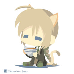1girl ahoge animal_ears artist_name brown_hair cat_ears cat_tail chameleon_man_(three) closed_eyes cup lynette_bishop no_lineart simple_background sitting solo strike_witches striped_legwear tail tea white_background world_witches_series rating:Sensitive score:4 user:danbooru