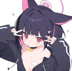  1girl absurdres aged_down animal_ears bandaid bandaids_on_nipples black_choker black_hair black_jacket blue_archive blush cat_ears cat_girl choker colored_inner_hair double_v drawstring fenrir_(fenriluuu) flat_chest hair_ornament hairclip halo highres jacket kazusa_(blue_archive) loli long_sleeves looking_at_viewer mouth_hold multicolored_hair paid_reward_available pasties pendant_choker pink_eyes pink_hair pink_halo puffy_long_sleeves puffy_sleeves short_hair simple_background two-tone_hair v white_background  rating:Questionable score:49 user:ghotazegheo