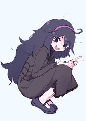  1girl :d @_@ absurdres black_nails creatures_(company) dress eds from_side full_body game_freak hairband happy hex_maniac_(pokemon) highres long_hair nail_polish nintendo open_mouth pokemon pokemon_xy purple_hairband shoes smile solo squatting teeth tongue upper_teeth_only v white_background  rating:General score:16 user:DarkToonLink
