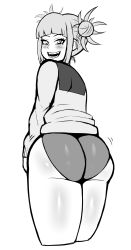 1girl absurdres ass blunt_bangs blush boku_no_hero_academia bottomless double_bun drunkavocado fangs greyscale hair_bun highres huge_ass jiggle looking_at_viewer looking_back monochrome open_mouth panties smile solo sweater thick_thighs thighs toga_himiko underwear white_background rating:Questionable score:62 user:JustHere4Tits