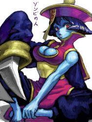  1girl blue_hair blue_skin breasts capcom chinese_clothes claws cleavage cleavage_cutout clothing_cutout colored_skin crossed_legs drawr female_focus hat jiangshi jonpei large_breasts lei_lei lips moon ofuda pout red_eyes short_hair sitting solo vampire_(game) white_background  rating:Sensitive score:37 user:Draq