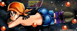  1990s_(style) 1girl ass back bandana belt black_hair boots denim dragon_ball dragon_ball_(object) dragon_ball_gt highres jeans logo loli long_image looking_away lying on_side pan_(dragon_ball) pants retro_artstyle short_hair solo space third-party_edit tomboy tomo2012 topless watermark wide_image 